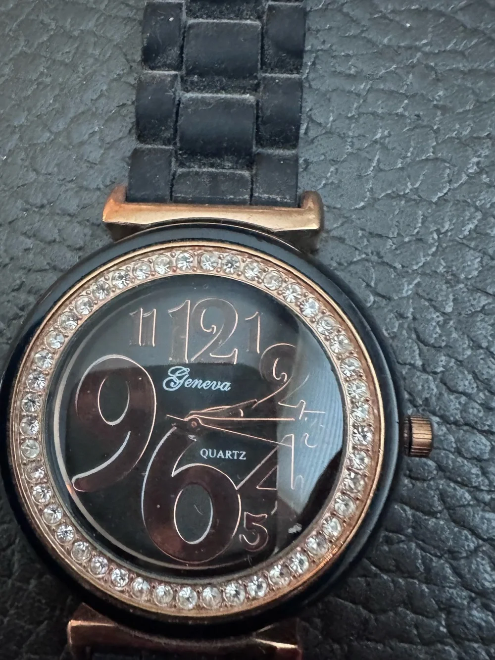 Geneva Quartz Women's Black and Rose Gold Crystal Accent Watch